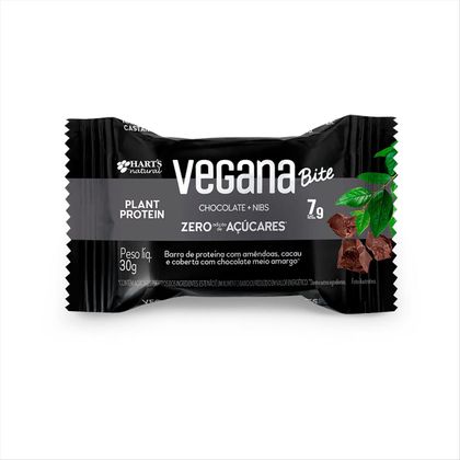 Barra de Proteína Vegana Bite Harts Natural Chocolate e Nibs 30g