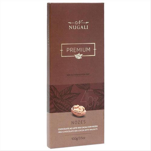 Chocolate ao Leite sem Glúten Nugali Premium Nozes 45% de Cacau 100g