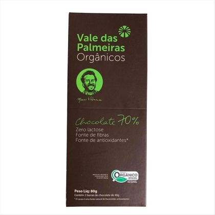 Chocolate Orgânico Zero Lactose Vale das Palmeiras 70 % de Cacau  80 g