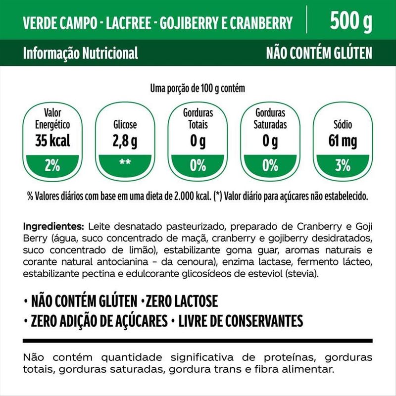 Iogurte Desnatado Sem Adição De Açúcar Verde Campo Lacfree Goji Berry E Cranberry Garrafa 500g