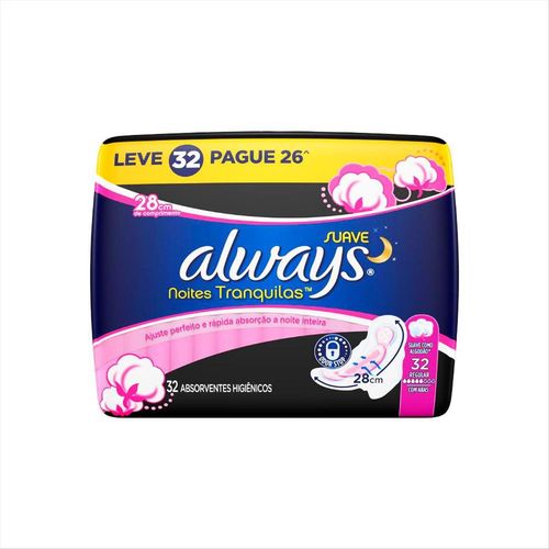 Absorvente Íntimo Com Abas Always Noites Tranquilas Leve 32 Pague 26 Unidades