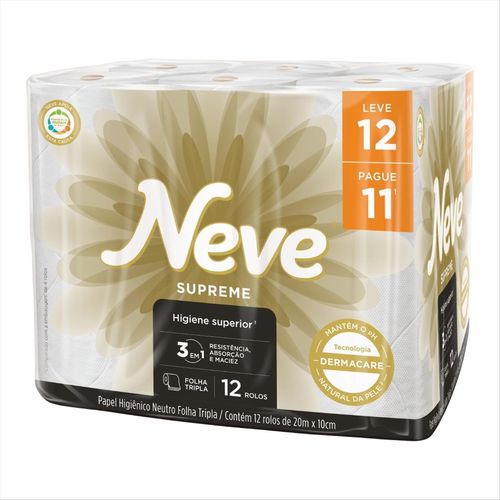 Papel Higiênico Folha Tripla Neve Supreme Dermacare  Pacote Leve 12 Pague 11 Unidades