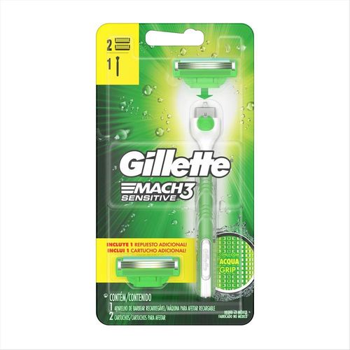 Aparelho De Barbear Gillette Mach 3 Aqua Grip Sensitive + 2 Cargas