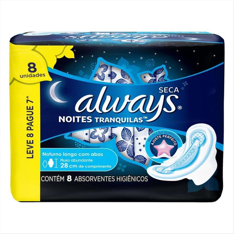 Absorvente-Intimo-Com-Abas-Always-Noites-Tranquilas-Seco-Pacote-Leve-8-Pague-7-Unidades-