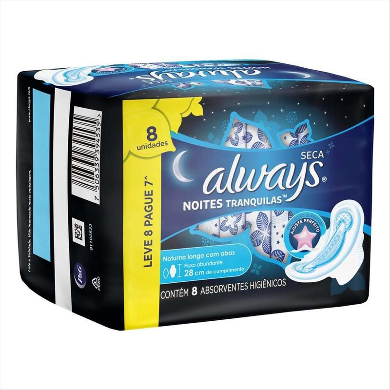 Absorvente-Intimo-Com-Abas-Always-Noites-Tranquilas-Seco-Pacote-Leve-8-Pague-7-Unidades-