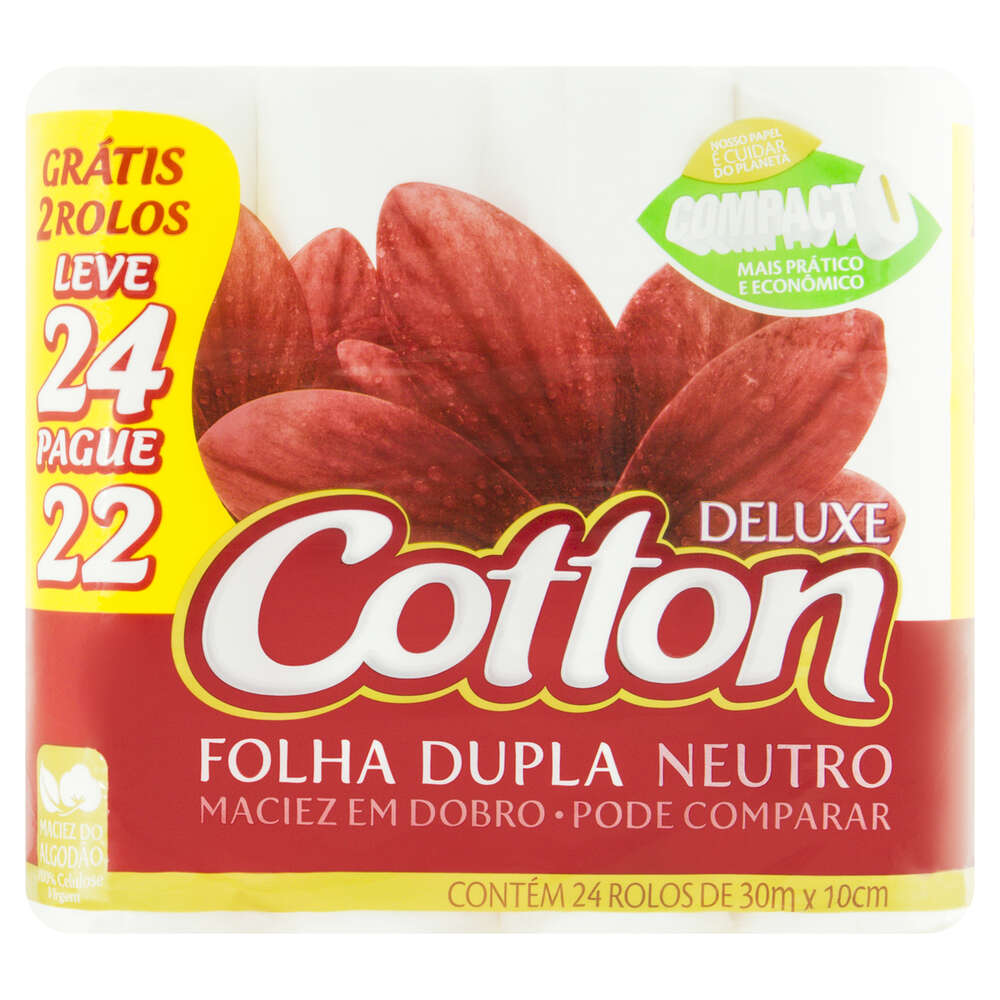 Papel Higiênico Folha Dupla Neutro Cotton Deluxe 30m Pacote Leve 24