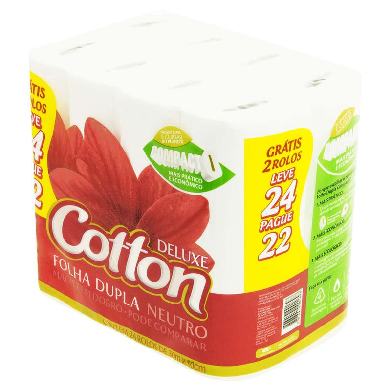 Papel Higiênico Folha Dupla Neutro Cotton Deluxe 30m Pacote Leve 24