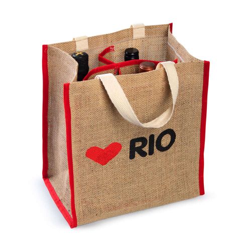 Sacola Ecobag para Vinho Com 4 Divisórias Amo Rio com Juta da Amazônia