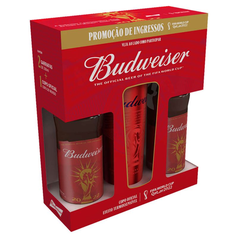 Kit-Copo-Vermelho---Cerveja-American-Lager-Fifa-World-Cup-Qatar-2022-Budweiser-2-Unidades-330ml-Cada