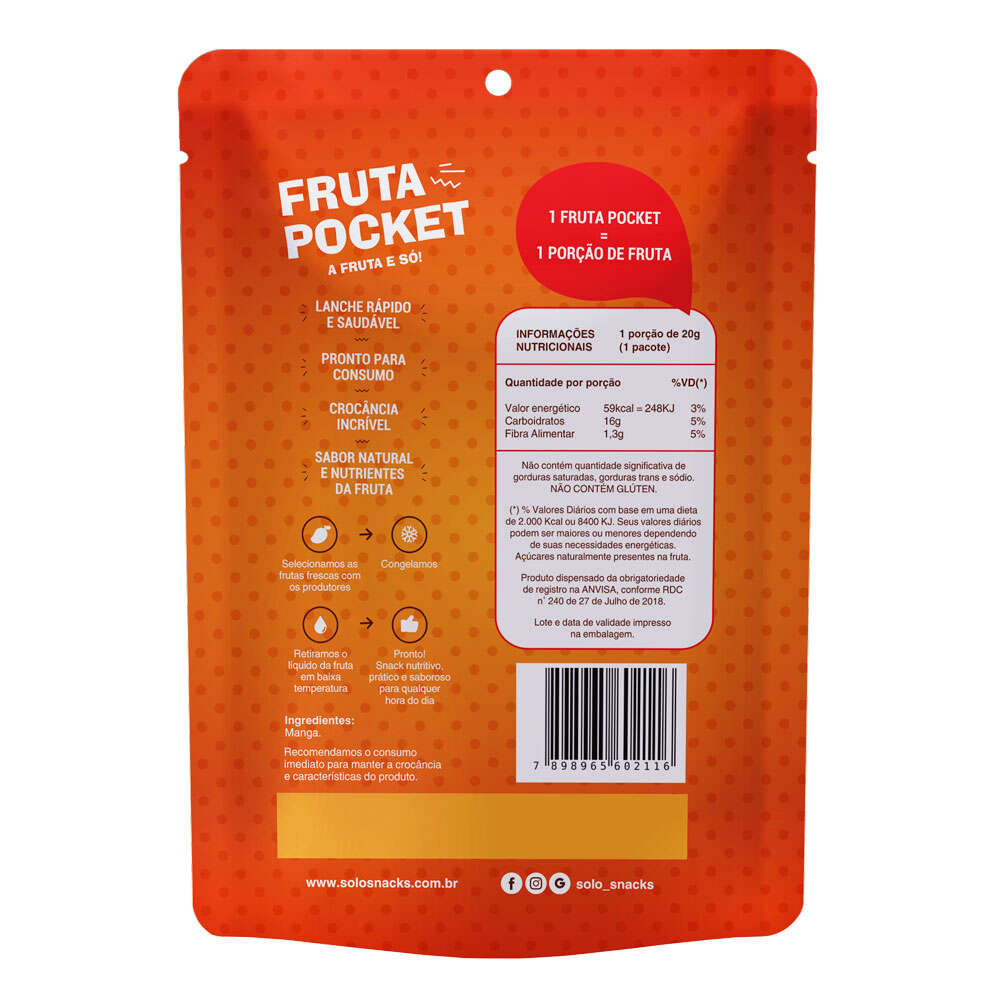 Fruta Pocket Manga Liofilizado Solo Snacks 20g - Zona Sul