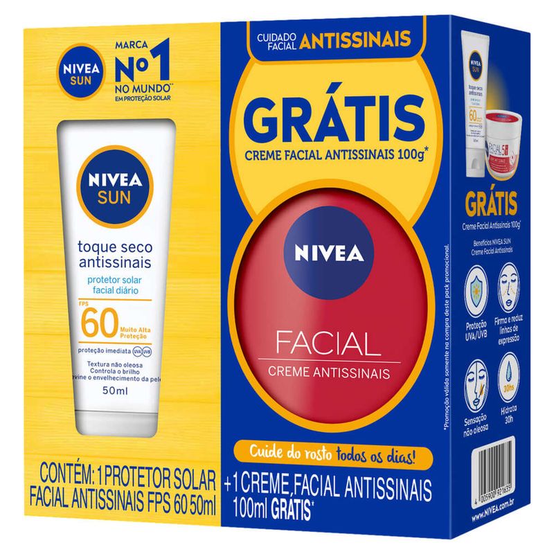 Kit-Protetor-Solar-Facial-Toque-Seco-Antissinais-FPS-60-Nivea-Sun-50ml-Gratis-Creme-Facial-Antissinais-100g