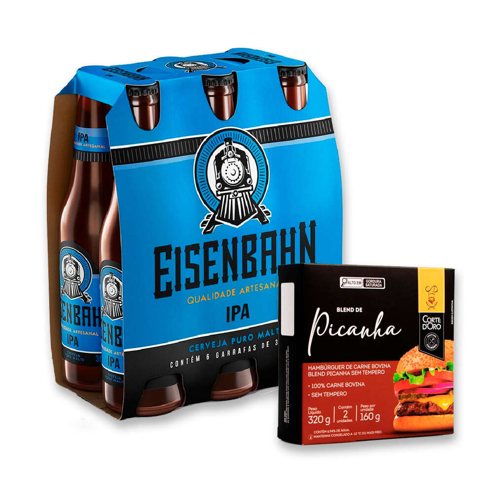 Combo Hambúrguer Bovino Blend de Picanha Corte Doro 320g + Pack Cerveja Eisenbahn American IPA Puro Malte Long Neck 355ml com 6 unidades