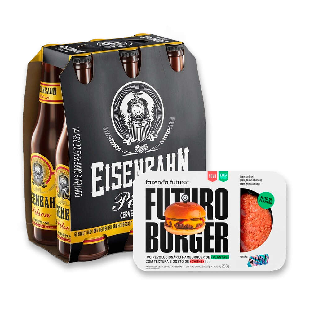 Combo Futuro Burger Fazenda Futuro 230g + Pack Cerveja Pilsen Puro Malte Unfiltered Eisenbahn Long Neck 355ml com 6 unidades