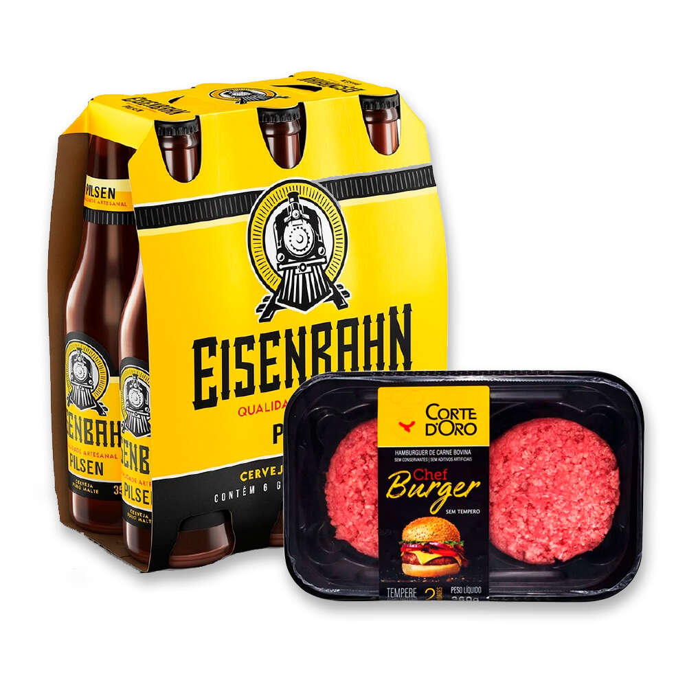Combo Hambúrguer de Carne Bovina Chef Burger Corte DOro + Pack Cerveja Brasileira Eisenbahn Pilsen Long Neck 355ml com 6 unidades