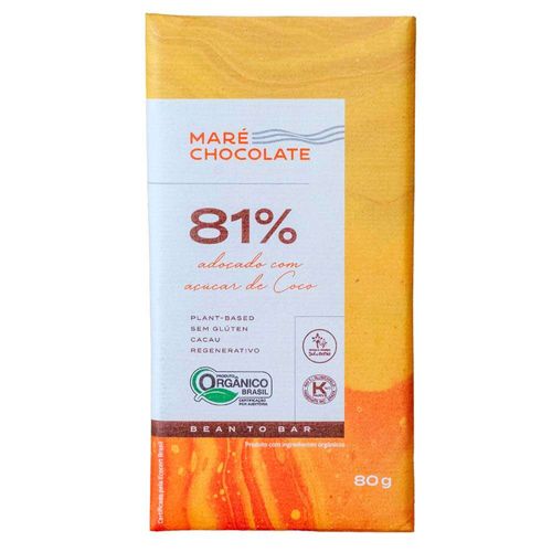 Chocolate Orgânico sem Glúten Maré Adoçado com Açúcar de Coco 81% de Cacau 80g
