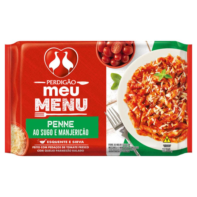 Penne-ao-Molho-Sugo-e-Manjericao-com-Queijo-Parmesao-Ralado-Perdigao-Meu-Menu-Pacote-300g