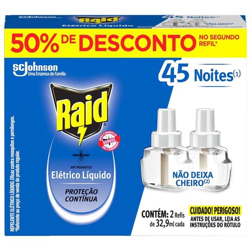 Repelente Elétrico Líquido Raid 45 Noites Refil 2 unidades