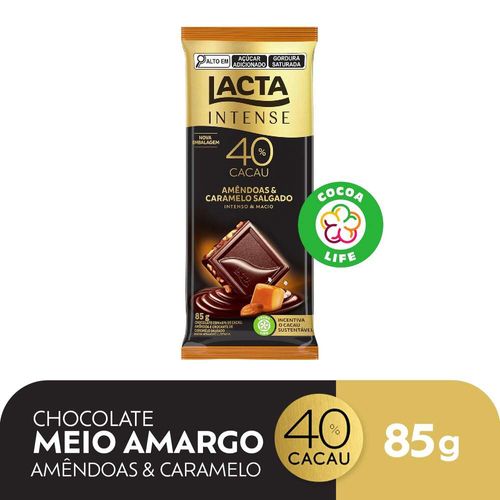 Chocolate 40% Cacau Amêndoas e Caramelo Salgado Lacta Intense Nuts Pacote 85g