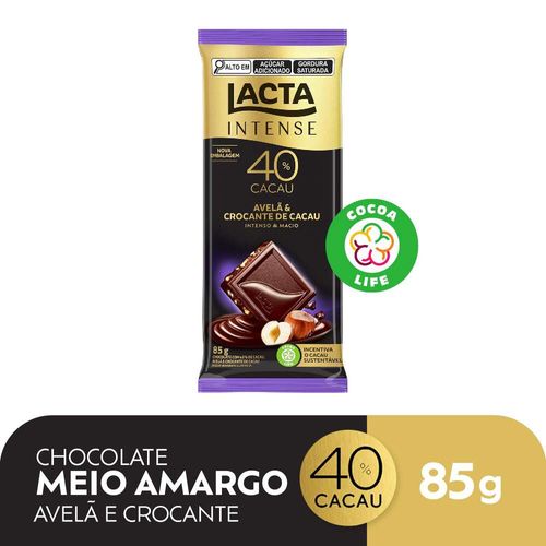 Chocolate Lacta Intense Meio Amargo 40% cacau Avelã e Crocante de Cacau 85g