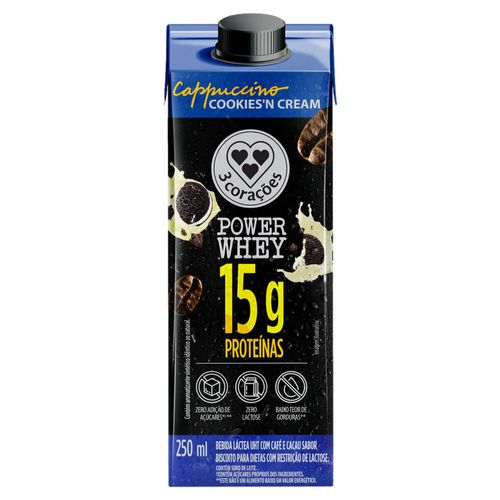 Bebida Láctea Cappuccino Power Whey 15g Cookies'n Cream 3 Corações 250ml