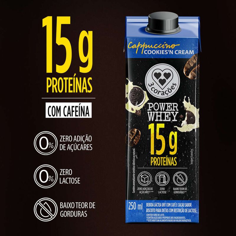 Bebida-Lactea-UHT-Cappuccino-Cookiesn-Cream-Zero-Lactose-3-Coracoes-Power-Whey-Caixa-250ml