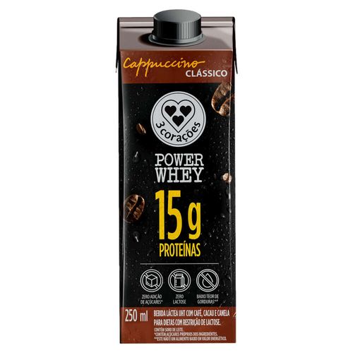 Bebida Láctea Cappuccino Power Whey 15g Classico 3 Corações 250ml