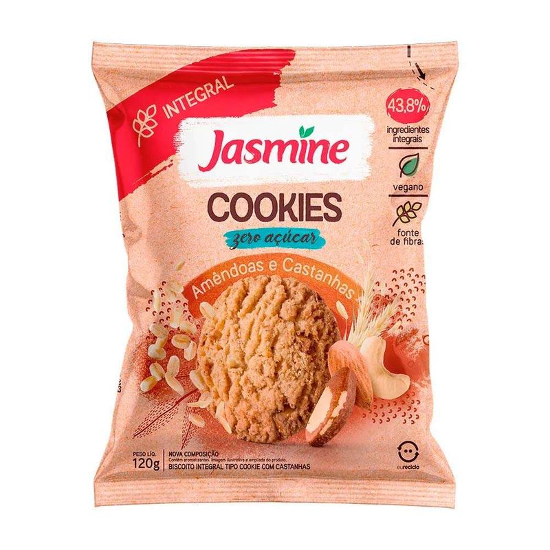 Biscoito-Cookie-Vegano-Integral-Amendoas-e-Castanhas-Zero-Acucar-Jasmine-Pacote-120g