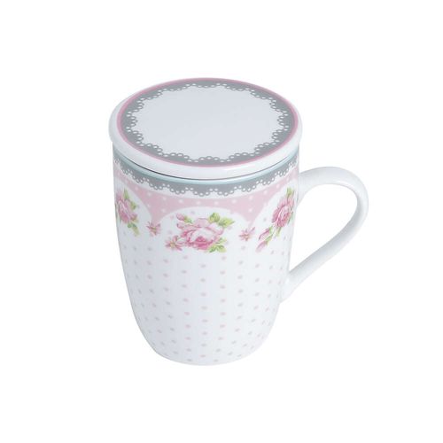 Caneca Porcelana  Tampa e Filtro Rose Lyor 310ml