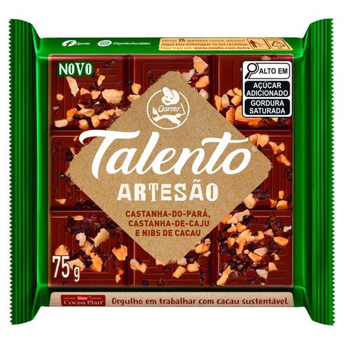 Chocolate Talento Artesão Castanha do Pará, Castanha de Cajú e Nibs 75g