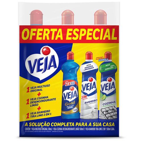 Limpador Multiuso Veja + Banheiro X14 + Desengordurante Cozinha 500ml Cada