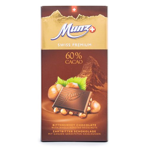 Barra de Chocolate Suíço Amargo 60% com Avelã Munz 100g