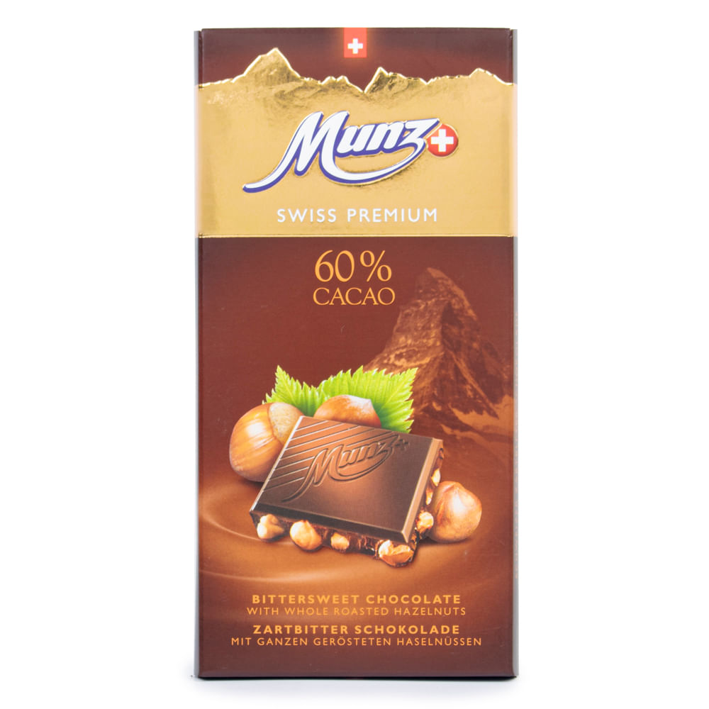 Barra de Chocolate Suíço Amargo 60% com Avelã Munz 100g