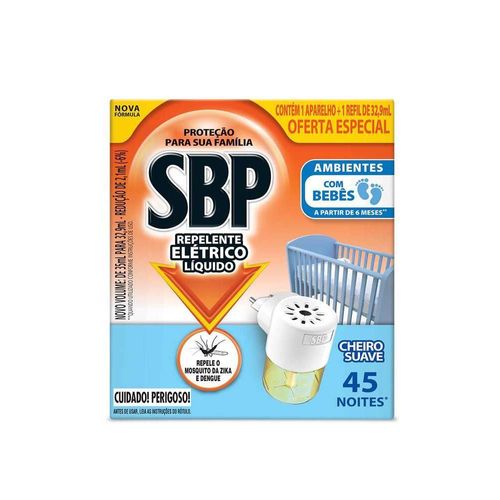 Repelente Elétrico Líquido SBP 45 Noites Cheiro Suave Novo Aparelho + Refil