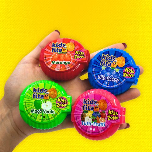 Goma de Mascar Fita Morango, Tutti Frutti, Maçã Verde ou Blueberry Kids Zone Kids Fita 15g Unidade