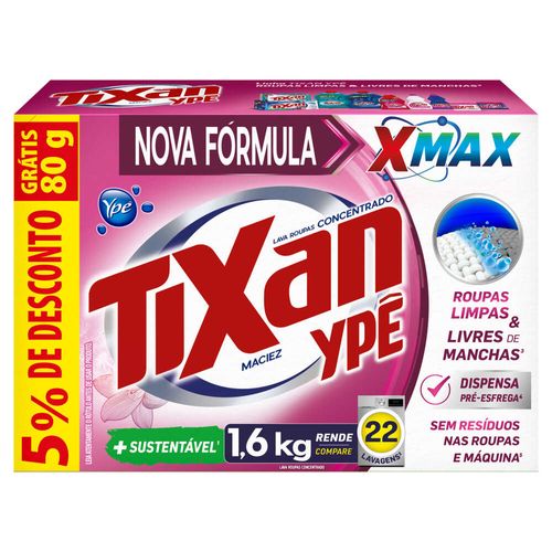 Lava Roupas em Pó Concentrado Maciez Tixan 1,6kg Grátis 80g